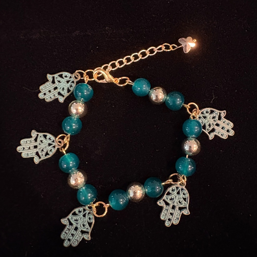 Elegant Gold and Teal Hamsa Bracelet